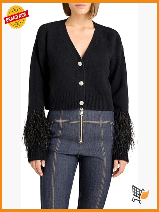 Sweaters - Cropped Cardigan with Feather Trim Long Sleeve Dry Clean Only
